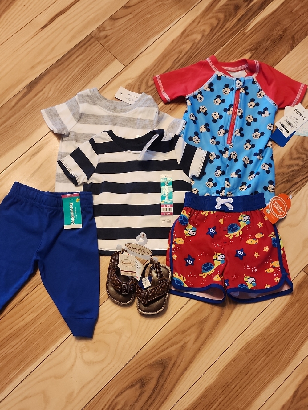NWT 0-3 Baby Bundle- 2 Swim 2 Shirts 1 Pant And Sandles